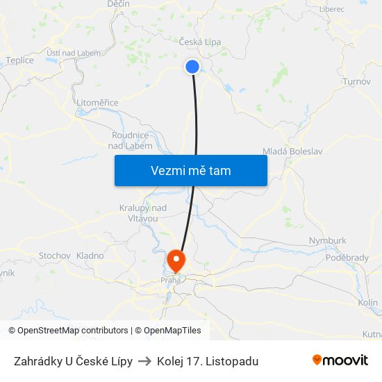 Zahrádky U České Lípy to Kolej 17. Listopadu map