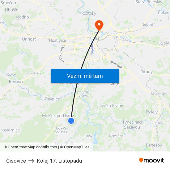 Čisovice to Kolej 17. Listopadu map