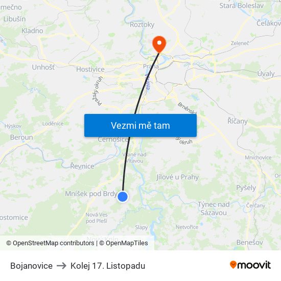 Bojanovice to Kolej 17. Listopadu map