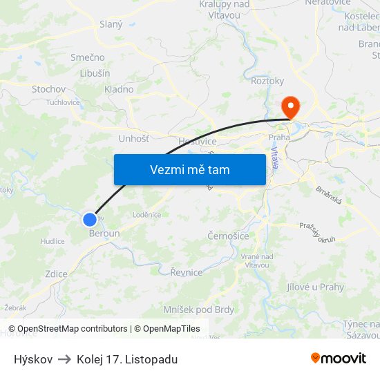 Hýskov to Kolej 17. Listopadu map