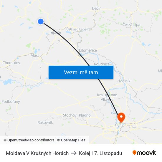 Moldava V Krušných Horách to Kolej 17. Listopadu map