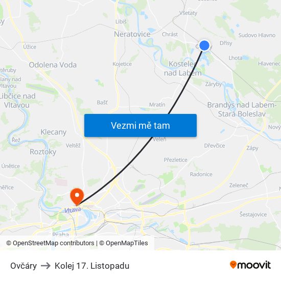 Ovčáry to Kolej 17. Listopadu map