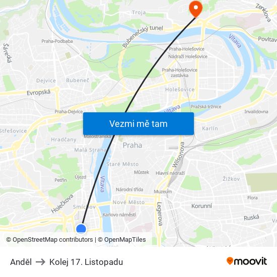 Anděl to Kolej 17. Listopadu map