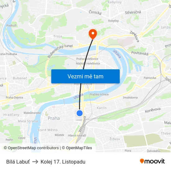 Bílá Labuť to Kolej 17. Listopadu map