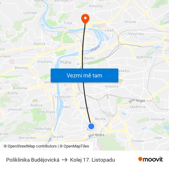 Poliklinika Budějovická (L) to Kolej 17. Listopadu map