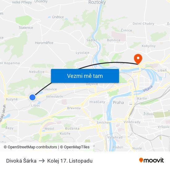 Divoká Šárka to Kolej 17. Listopadu map