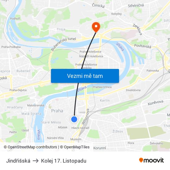 Jindřišská to Kolej 17. Listopadu map