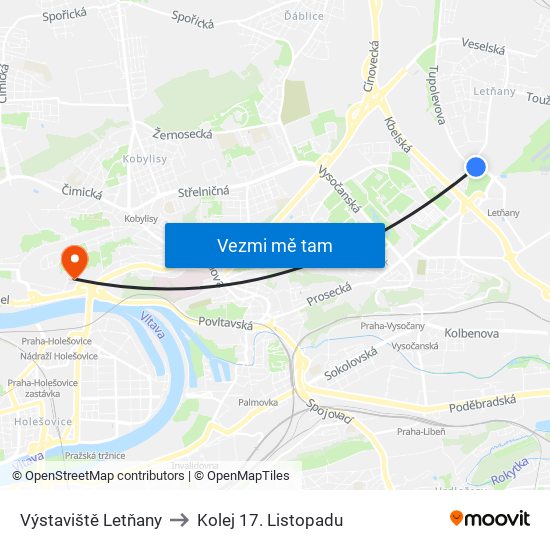 Výstaviště Letňany to Kolej 17. Listopadu map