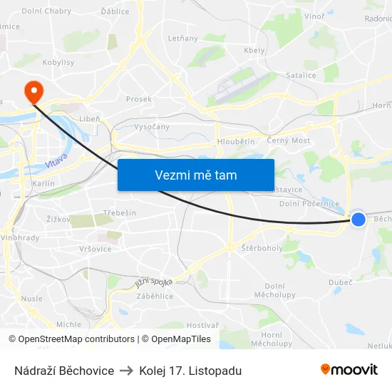 Nádraží Běchovice to Kolej 17. Listopadu map
