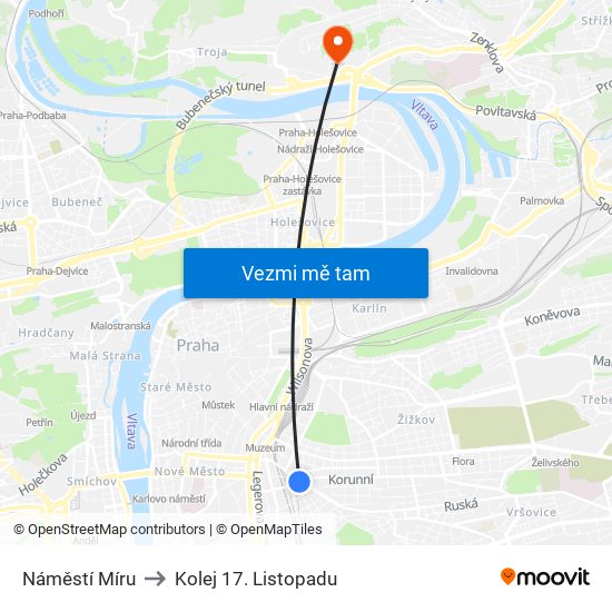 Náměstí Míru to Kolej 17. Listopadu map