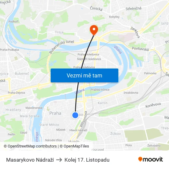 Masarykovo Nádraží to Kolej 17. Listopadu map