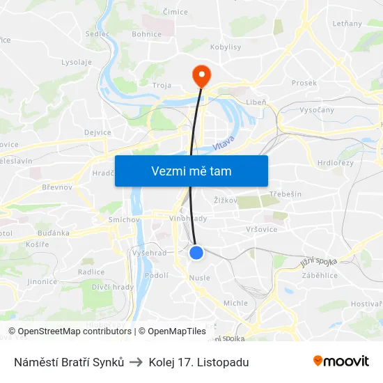 Náměstí Bratří Synků to Kolej 17. Listopadu map