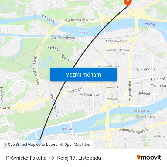 Právnická Fakulta to Kolej 17. Listopadu map