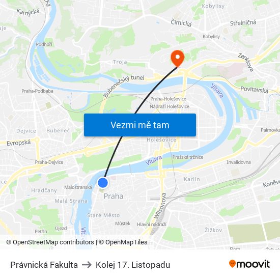 Právnická Fakulta (B) to Kolej 17. Listopadu map