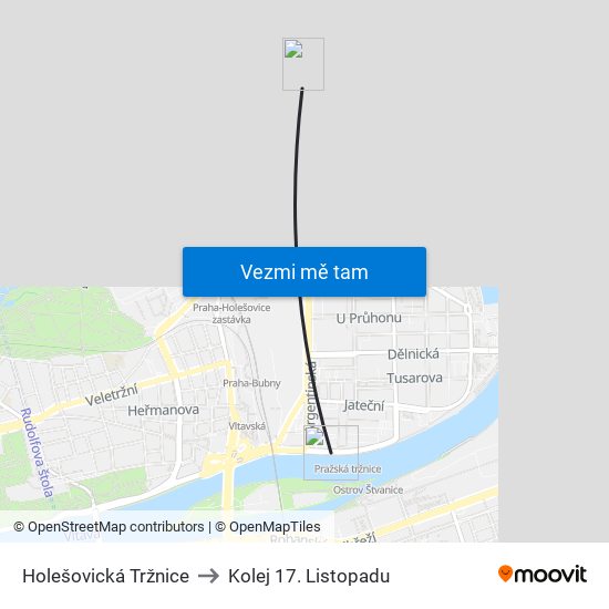 Holešovická Tržnice to Kolej 17. Listopadu map