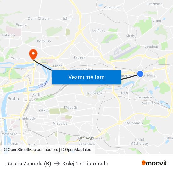 Rajská Zahrada (B) to Kolej 17. Listopadu map