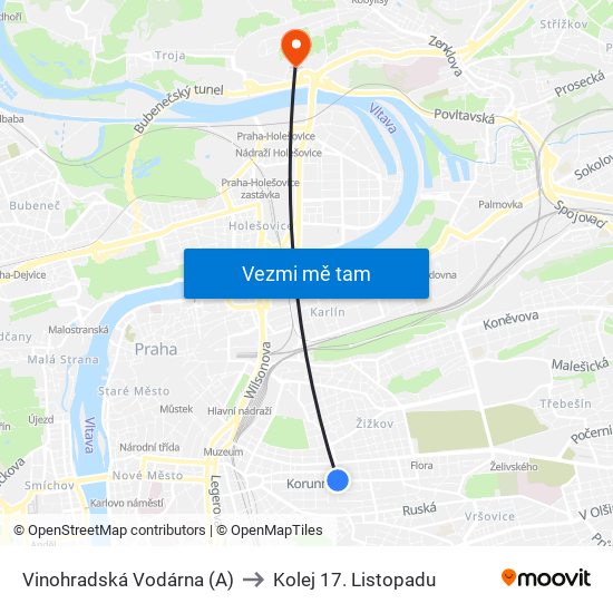 Vinohradská Vodárna (A) to Kolej 17. Listopadu map