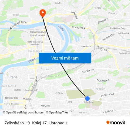 Želivského to Kolej 17. Listopadu map