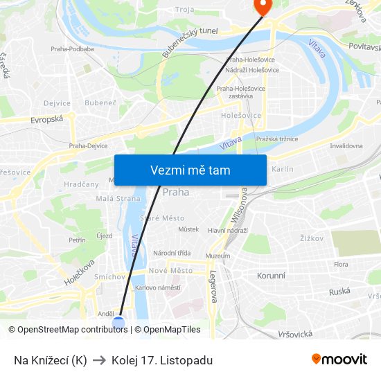 Na Knížecí (K) to Kolej 17. Listopadu map