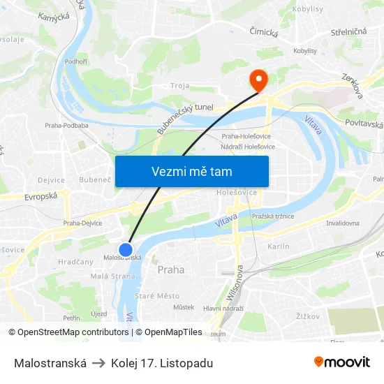 Malostranská to Kolej 17. Listopadu map