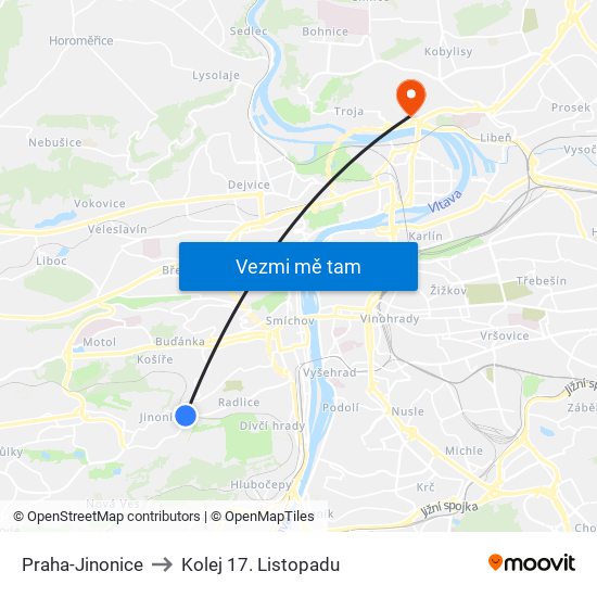 Praha-Jinonice to Kolej 17. Listopadu map