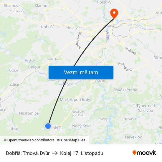 Dobříš, Trnová, Dvůr to Kolej 17. Listopadu map