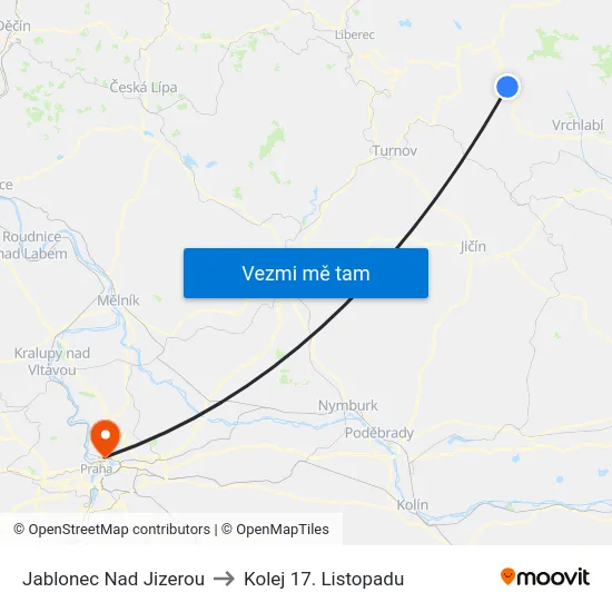 Jablonec Nad Jizerou to Kolej 17. Listopadu map
