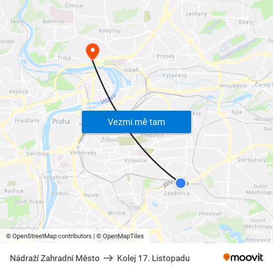 Nádraží Zahradní Město (B) to Kolej 17. Listopadu map