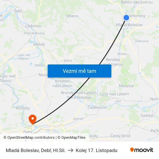 Mladá Boleslav, Debř, Hl.Sil. to Kolej 17. Listopadu map