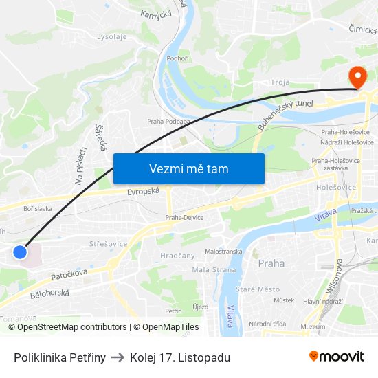 Poliklinika Petřiny to Kolej 17. Listopadu map