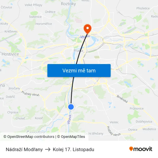 Nádraží Modřany to Kolej 17. Listopadu map