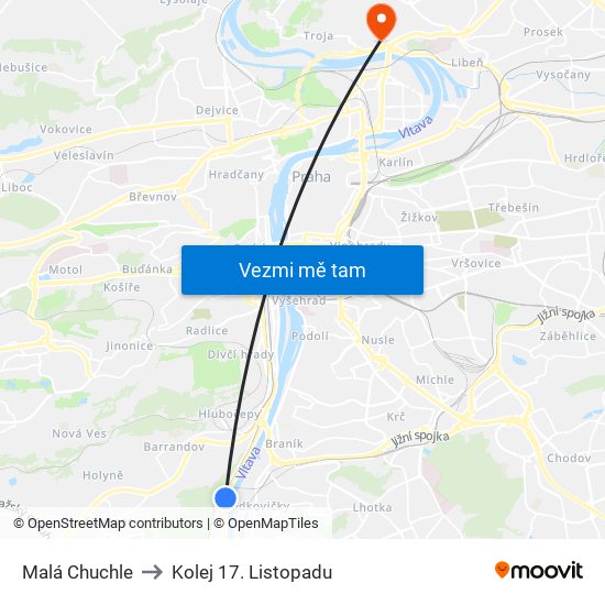 Malá Chuchle to Kolej 17. Listopadu map