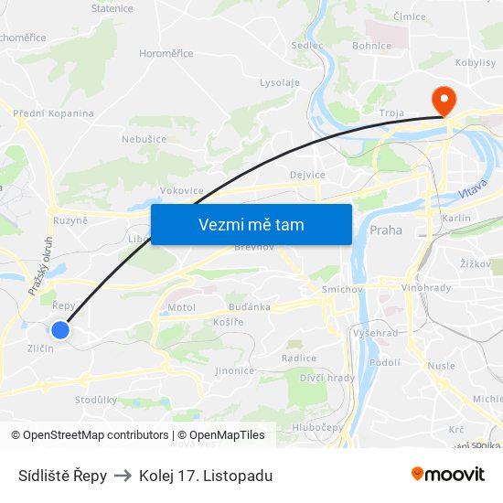 Sídliště Řepy to Kolej 17. Listopadu map