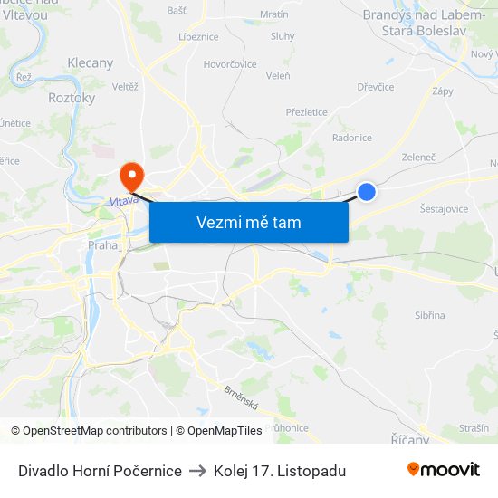 Divadlo Horní Počernice to Kolej 17. Listopadu map