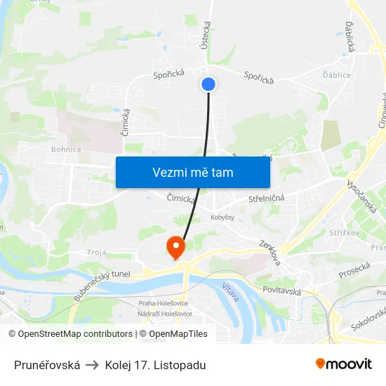 Prunéřovská to Kolej 17. Listopadu map