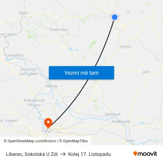 Liberec, Hostina Obrů to Kolej 17. Listopadu map