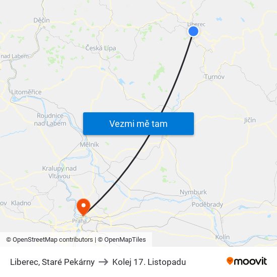 Liberec, Staré Pekárny to Kolej 17. Listopadu map