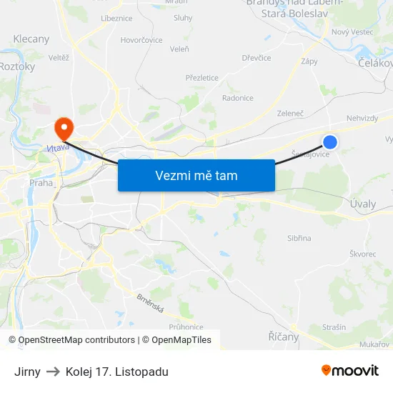 Jirny to Kolej 17. Listopadu map