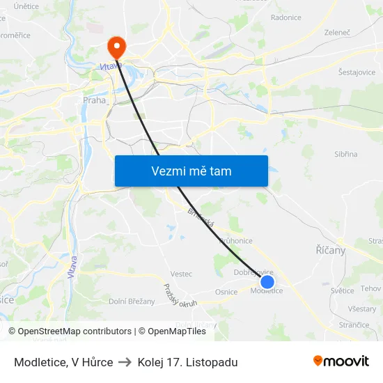 Modletice, V Hůrce to Kolej 17. Listopadu map