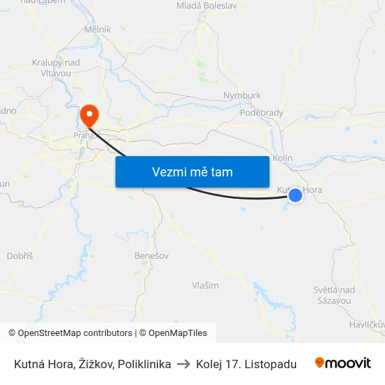 Kutná Hora, Žižkov, Poliklinika to Kolej 17. Listopadu map