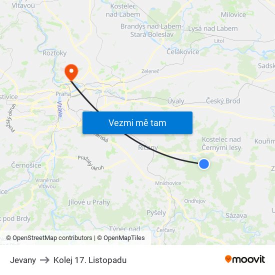 Jevany to Kolej 17. Listopadu map