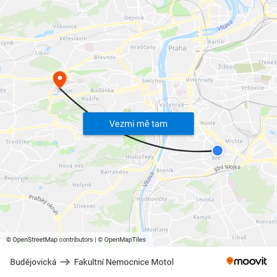 Budějovická to Fakultní Nemocnice Motol map