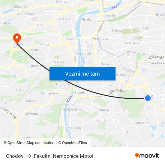 Chodov to Fakultní Nemocnice Motol map