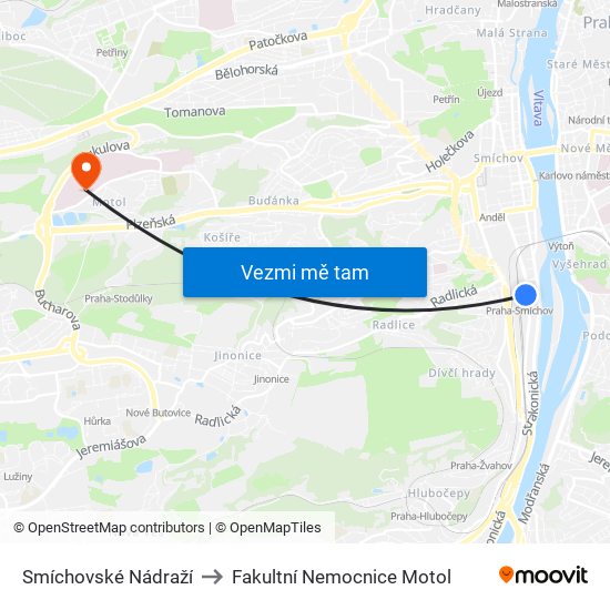 Smíchovské Nádraží to Fakultní Nemocnice Motol map