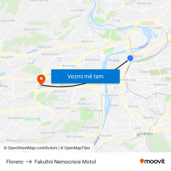 Florenc to Fakultní Nemocnice Motol map