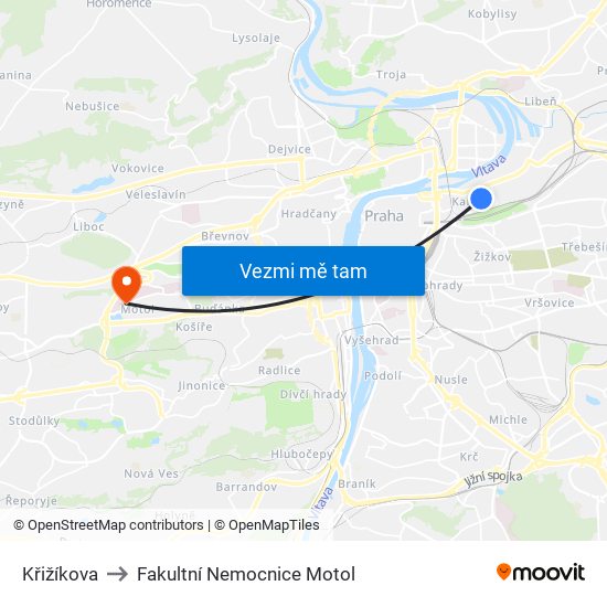 Křižíkova to Fakultní Nemocnice Motol map