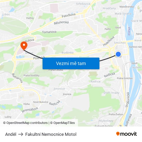 Anděl to Fakultní Nemocnice Motol map