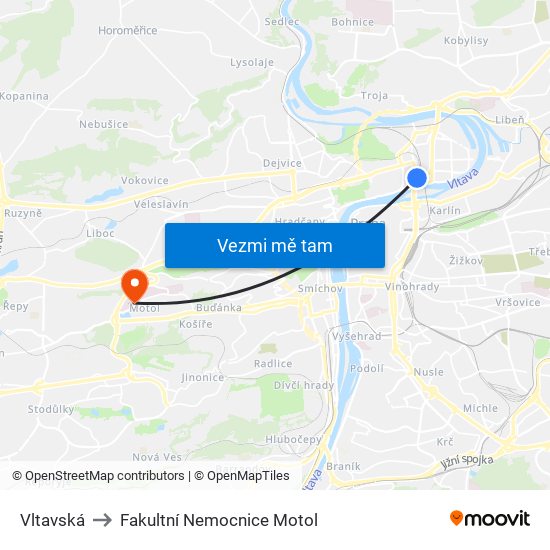 Vltavská to Fakultní Nemocnice Motol map