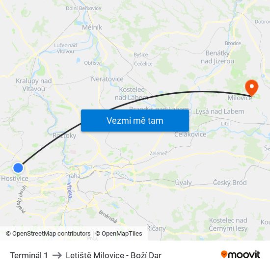 Terminál 1 to Letiště Milovice - Boží Dar map