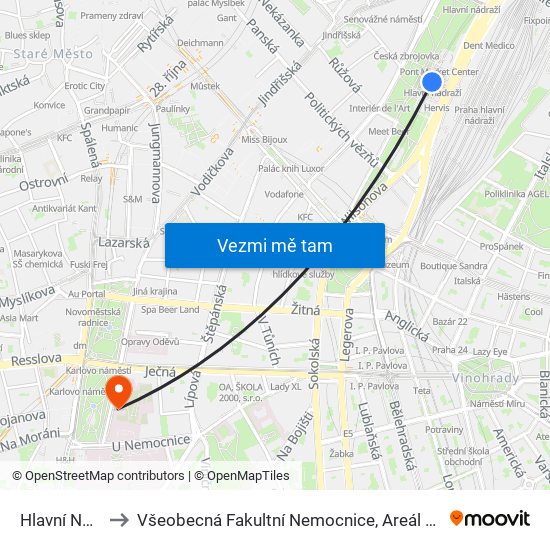 Hlavní Nádraží to Všeobecná Fakultní Nemocnice, Areál U Nemocnice 1 map